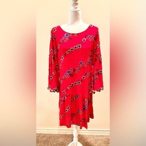 L Nicole Miller dress red blue floral embroidery pom bell sleeves drop waist
